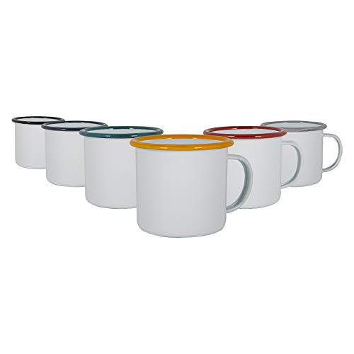 Argon Tableware Tasse d'émail Blanc - Métal Camping en Plein air Thé Café Hot Boissons Coupes Set - 375ml - 6 Couleurs