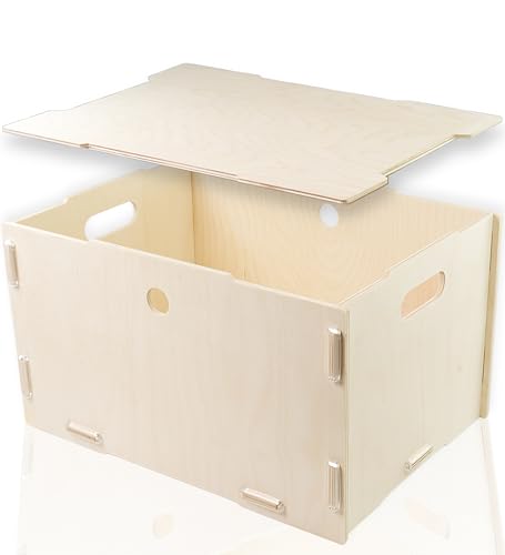 clipfritz - Holzbox mit Deckel (Unlackiert ca.40x30x23cm) Aufbewahrungsbox groß aus Holz - Boxen/Kisten zur Aufbewahrung von Spielzeug, Bücher, Fotos,...