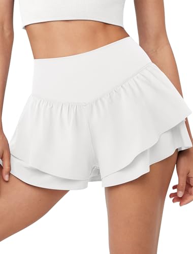 IWD Women's Flowy Athletic Shorts High Waisted Double Ruffle Butterfly Shorts 2 in 1 Running Tennis Shorts with Pockets