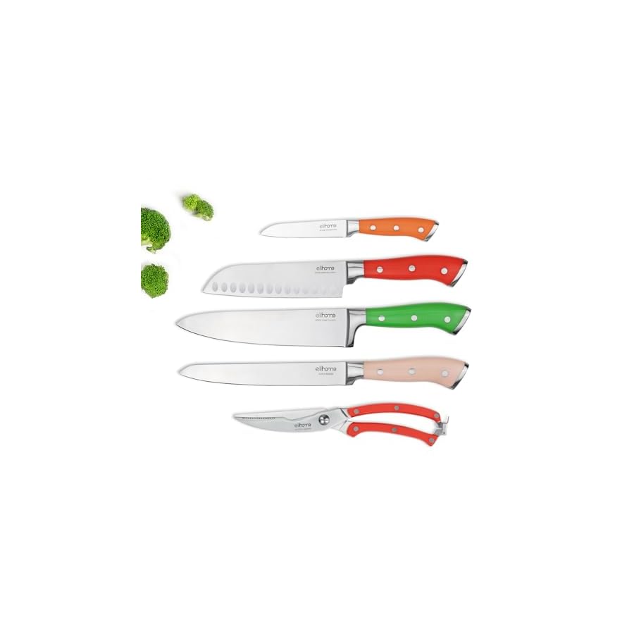 Elihome 5 Piece Professional Kitchen Knife Set, Premium Stainless Steel Ultra Sharp Knives Set for Kitchen, Ergonomic Colorful Handle, Home Cooking, Perfect Cutlery Set Gift, without Block