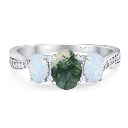 OMRANII Natural Green Moss Agate Size-8 Three Stone Ring Oval Vintage Style Trio Ring Twisted Art Deco Wedding Engagement Rings For Women 925 Sterling Silver Gifts For Her