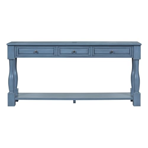 Merax Long Entryway Table with 3 Storage Drawers, Console Table with Pine Wood Frame and Legs, Sofa Table with Bottom Shelf for Entryway Living Room, Easy Assembly, Navy