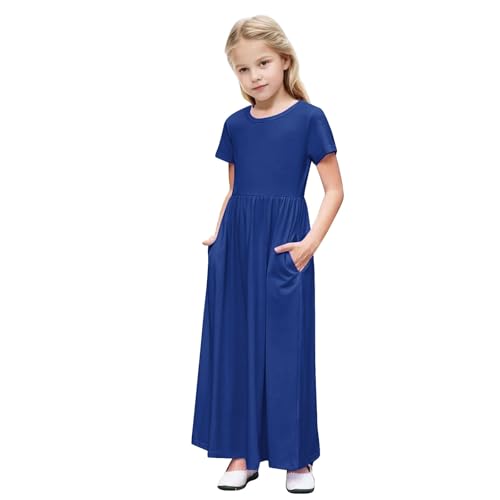 Girls Summer T-Shirt Dresses with Pockets Loose Crewneck Short Sleeve Casual Swing Maxi Dress for Kids 4-14 Years