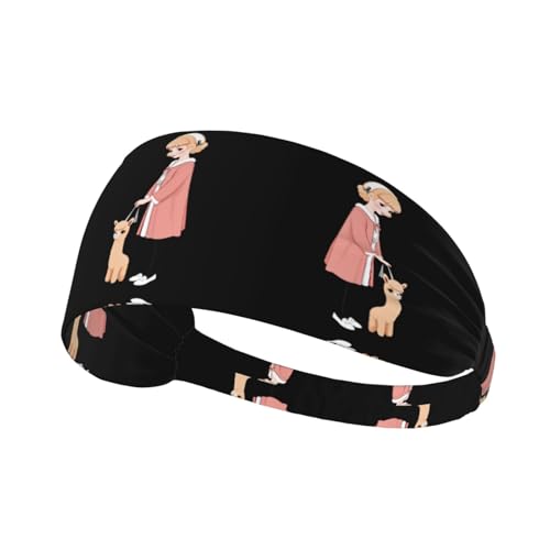 Elastic Sports Headband Hairband BROLEO Little girl walking with alpaca Printing Quick Drying, Moisture Wicking