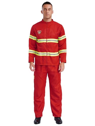 Aislor Mens Firefighter Dress Up Costume Long Sleeve Fireman Overalls Jumpsuits with Belt Plastic Helmet Red X-Small