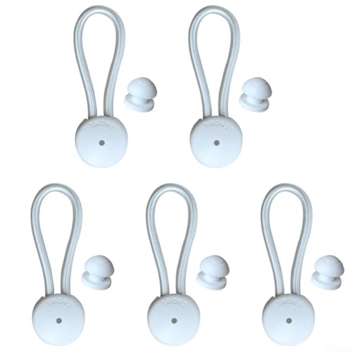 5 clips de cordón elástico con perillas blancas para sujetar lonas de camping y piscinas 2