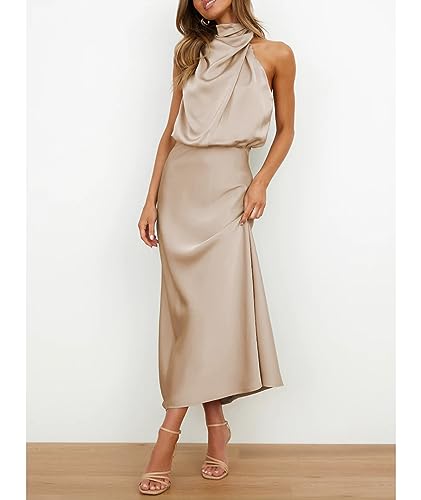 Image of Sexyshine Women's Elegant Halter Tie Neck Sleeveless Satin Long Dress Backless Split Cocktail Party Formal Wedding Maxi Dress