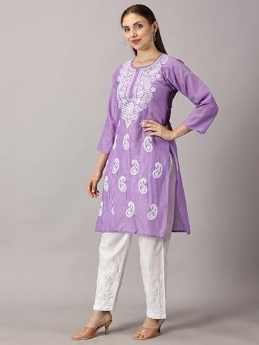 Image of FCH, Fashionable Chikan Handikraft Women's Cotton Lucknowi Chikankari Printed Straight Kurta for Regular Wear Girls Flared Kurta