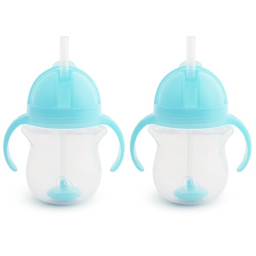 Image of Munchkin Any Angle Sippy Cups for Toddlers, Spill Proof Weighted Straw Cup with Transition Handles for Babies 6 Months and Up, 7 Ounce, 2 Pack, Blue