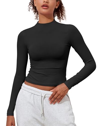 PrettyGuide Women's Cotton Long Sleeve Shirts Mock Neck Basic Tee Tight Fitted Fall Y2K Crop Top Going Out Tops4
