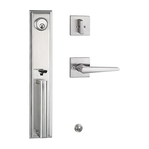 HISAFE Single Cylinder Keyed Handle Set for Front Door or Office Door, Reversible for Right and Left Handed, Satin Nickel Heavy Duty Exterior Door Handle Cover