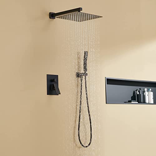 Image of Rain Shower System 12 Inches Shower Combo Set Oil Rubbed Bronze Wall Mount Faucet Bathroom Faucets with Rainfall Shower Head and Hand Shower