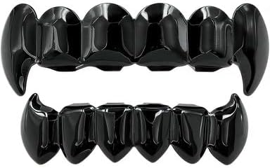 18K Gold Plated Gold Finish 6 Top Teeth 6 Bottom Tooth Hip Hop Teeth Grillz + 2 Molding Bars for Men and Women Black1