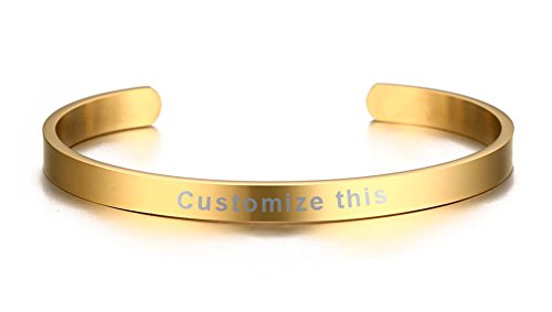 MEALGUET Personalized Cuff Bracelet Minimalist Stainless Steel Inspirational Bracelets Free Custom Engraved Name Mantra Text Bangle Open Cuff for Men Women, 18k Gold Plated Bangle Bracelet,65mm