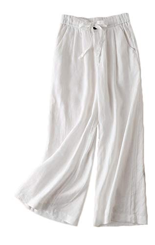 Liveinu Femme Pantalon Été Lin Pantalons De Loisirs Amples Pantalon Fluide Culotte Bouffante Elastique Solid Drawstring Linen Pant 42 Blanc Cover