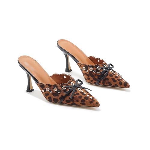 Image of Kitten Heel Mules for Women Bow Tie Suede Stiletto Heels Mule Pointed Toe Studs Slide Heeled Sandal Pumps for Wedding Dress Party