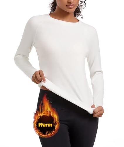 SURFEASY Thermal Tops Womens Fleece Lined Base Layer Top Undershirt Ladies Long Sleeve Underwear Soft Winter Warm Casual Fashion Shirt(White,XL)