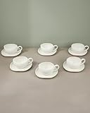 BAVARY Capital Tasse A Cafe 120ml Avec Soucoupes, 12 Pcs (6 pers.) - Design Blanc Ondulé/Anse Ovale - Tasse A The En Porcelaine - Tasse Cafe Et Tasse Cappuccino - Service A Cafe Lave-vaisselle OK