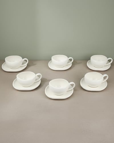 BAVARY Capital Tasse A Cafe 120ml Avec Soucoupes, 12 Pcs (6 pers.) - Design Blanc Ondulé/Anse Ovale - Tasse A The En Porcelaine - Tasse Cafe Et Tasse Cappuccino - Service A Cafe Lave-vaisselle OK