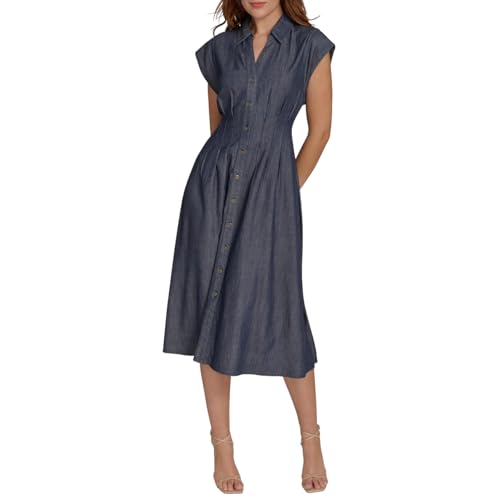 Tommy Hilfiger Womens Cap Sleeve Collared Waist Pleating A-Line Midi Shirt Dress Dark Wash 10