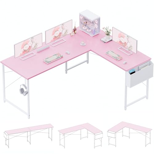 Image of Pamray 64.5 Inch Reversible L Shaped Gaming Desk Large Corner Computer Desk with Storage Bag Home Office Table for Writing Study Pink