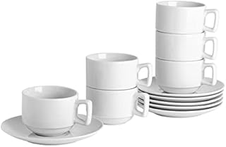 Argon Tableware 12x White Traditional Stacking Tea Mugs & Saucers Set - 200ml (7oz) - Porcelain Latte Coffee Cups Set - Dishwasher and Microwave Safe