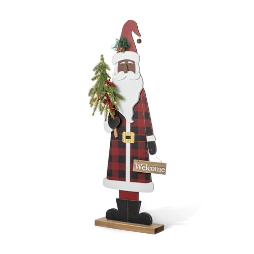 Image of Glitzhome 36''H Lighted Wooden Africa Santa Porch Decor with Timer & LED Lights, Christmas Standing Santa Porch Sign Decor with Xmas Tree and Welcome Plaques for Front Door Outdoor Decor