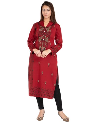 Image of Rosary Women's Winter Wear Jacquard Woolen Straight Kurti with 2 Side Pockets
