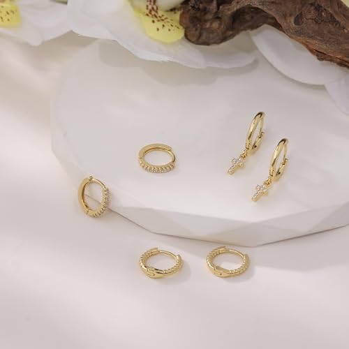Image of Gold Plated Earrings for Women, 14k Gold Plated Earring Stack Hypoallergenic Pearl Drop Earring Dainty Earrings for Women Trendy Cute Small Huggie Hoop Earring Fashion Womens Jewelry