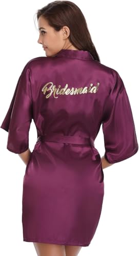 Image of Women's Silky Satin Short Bride Robe | Ultra Soft & Comfortable, Stylish Full Sleeve Lace Tie Nightdwear /Sleepwear for Bride Bridemaid- Pack of 1