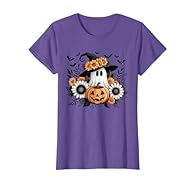 Cute ghost in a witch hat with floral crown surrounded by white daisies and Halloween pumpkin. Great for fans of autumn designs, spooky season, floral Halloween decorations, and fun fall-themed ghost apparel for trick or treating. Playful fall ghost ...