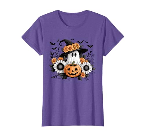 Image of Cute Ghost Witch Hat Pumpkin Flowers Halloween Women Girls T-Shirt