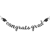 Congrats Grad Banner Decorations - Hanging Glitter Graduation Banner with Cap Garland Sign Bunting for Graduation Celebration Photo Backdrop, College High School Grad Party Supplies for Wall Decor (Black)