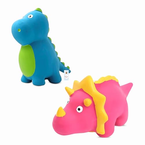 Image of Foodie Puppies Dog Squeaky Chew Latex Rubber Toy Combo (Pink Dino + Blue Benzo) for Small Dogs & Puppies | Durable, Soft Animal Design | Fetch & Chew Safe Play Toys