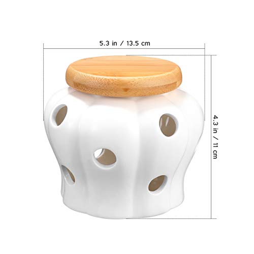 Bestonzon Porta-alho de grés branco com tampa de bambu, frasco de armazenamento redondo de cerâmica