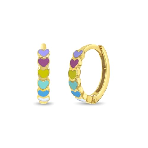 14k Yellow Gold Multicolored Enamel Heart Cascade Hoop Earrings For Young Girls & Preteens 10mm - Colorful Heart Earrings For Children