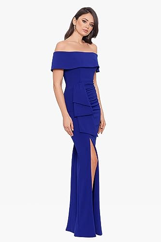 Image of Xscape Women's Off Shoulder Straight Neck Evening Gown with Foldover Cuff, Side Ruffle, Leg Slit, Fitted Formal Dress, Marine, 8P, Petite