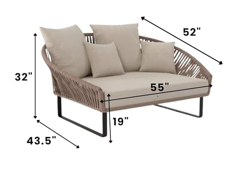 DEVOKO Outdoor Rope Patio Double Seater Daybed with Water Resistant Cushion Handwoven Furniture for Garden, Poolside, Porch Deck(Beige & Cream)