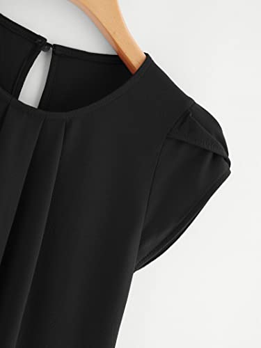 Milumia Womens Casual Round Neck Basic Pleated Top Shirt Curved Keyhole Back Blouse (Black, Large, Cap Sleeve)