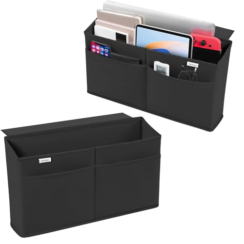JOYYTUU 2 Pack Desk Side Hanging Organizer, Adhesive Storage Bag with Pockets for Magazine Ipad Notebook, for End Tables Home Office Desks Computer Workstations Dressing Table, Black