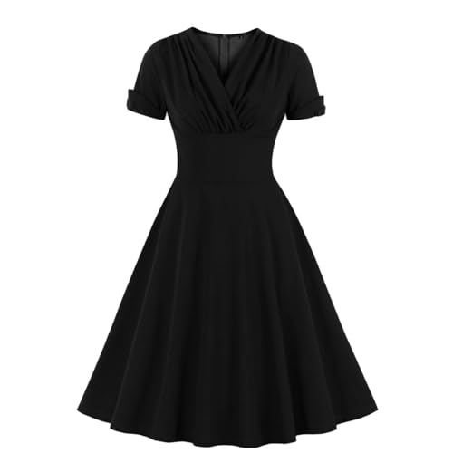 Wellwits Women's Ruched Wrap Work Cocktail Vintage Dress Black 2XL