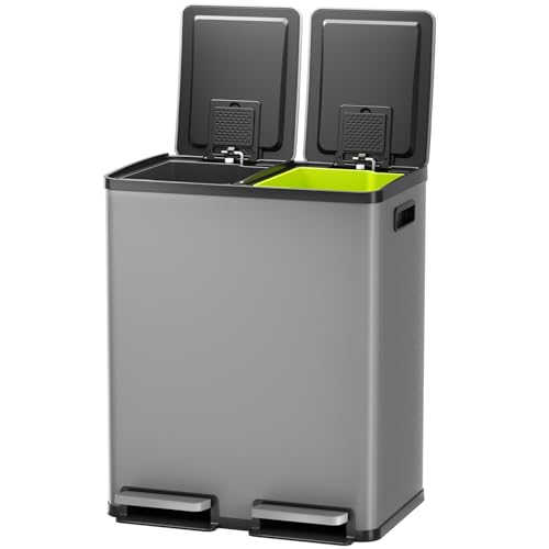 NEWBULIG 16 Gallon Dual Compartment Stainless Steel Trash Can, Matte Gray by NEWBULIG - Used condition - US$110.57