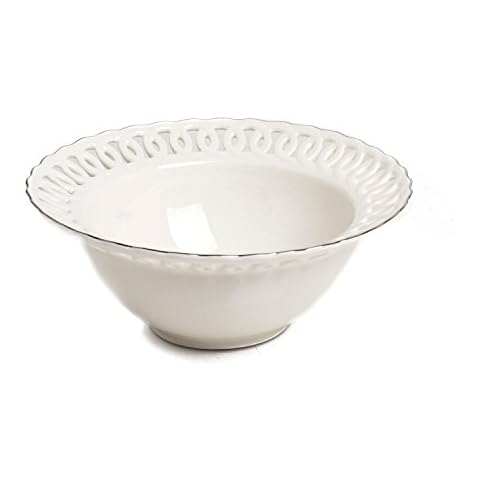 Deluxe Set of 4 Ceramic Bowl by Yedi Houseware - White/Silver Serving Bowl for Soup, Salad, Cereal, Ramen, Noodles, Pasta, Fruit, Ice Cream & More - 40 OZ Cover