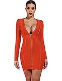 Whoinshop Women's Sexy Deep V Front Long Sleeve Bandage Club Party Bodycon Mini Dress