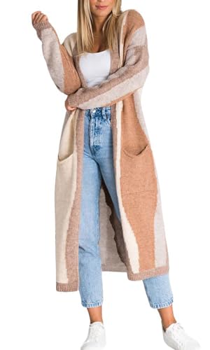 Image of chouyatou Women's Fall Open Front Color Block Long Cardigan Sweater Coat Casual Vertical Striped Coatigan