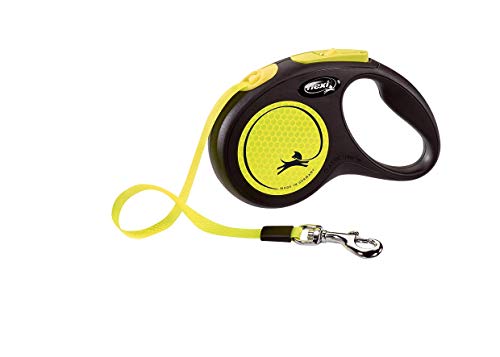 Image of FLEXI New Neon Tape Retractable Dog Leash for Small Dogs Upto 15kgs. - 16 ft., Yellow | Tangle Free Pet Walking Leash with One-Handed Brake, Pause, Lock | German Quality Product