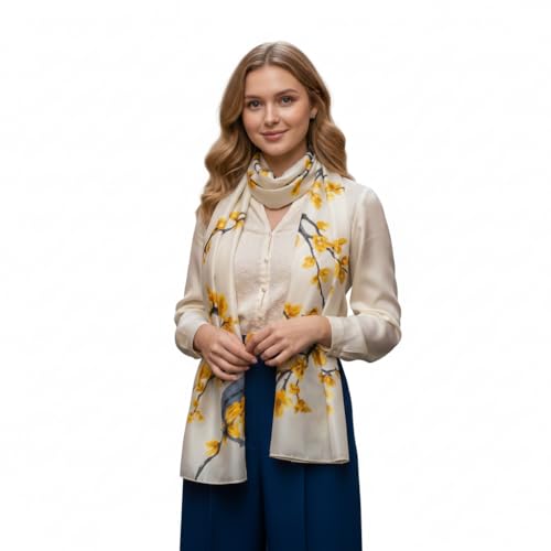 Image of Premium Silk Stole for Women | Lightweight Printed Silk Scarf & Hijab | Elegant Party (72 x 36 Inch) (Ivory and Yellow Floral)