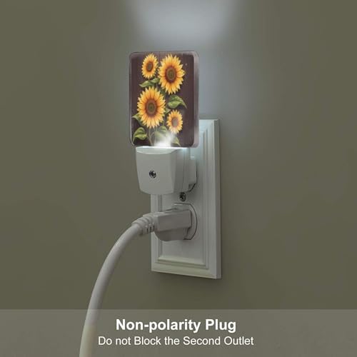 Image of Futterya Plug-in LED Night Light, Sunflower Botanical Wooden Background Set of 2 Dusk-to-Dawn Auto Sensor Decor Lamp