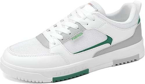 Image of Men's Fashion Sneakers, White and Green, Low-Top Lace-Up Casual Shoes with Mesh Panel