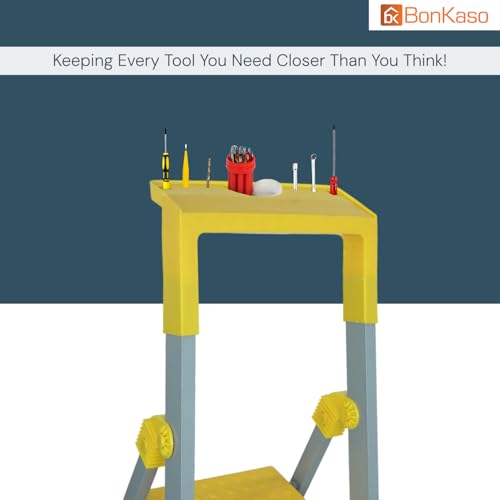 Image of BonKaso Climb Lite Pro+ 4 Step Foldable Ladder with Tool Tray (89.8W x 137H Cm)| Heavy-Duty, Anti-Slip & Firm Grip, Load Capacity Upto 120kg | Durable & Portable (Aluminium Step, Yellow & Satin)